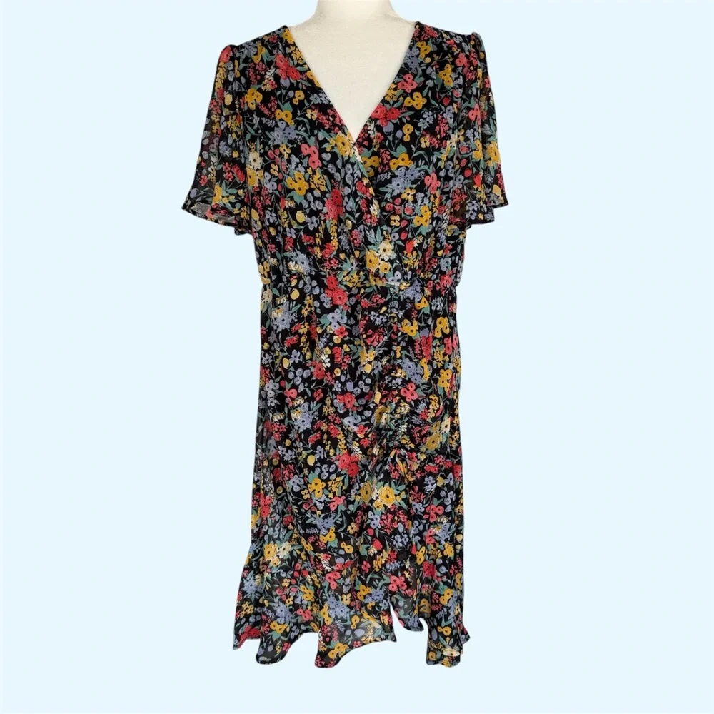 Eyeshadow Black Floral Faux Wrap Flutter Sleeve Midi Dress ~ Women’s XL